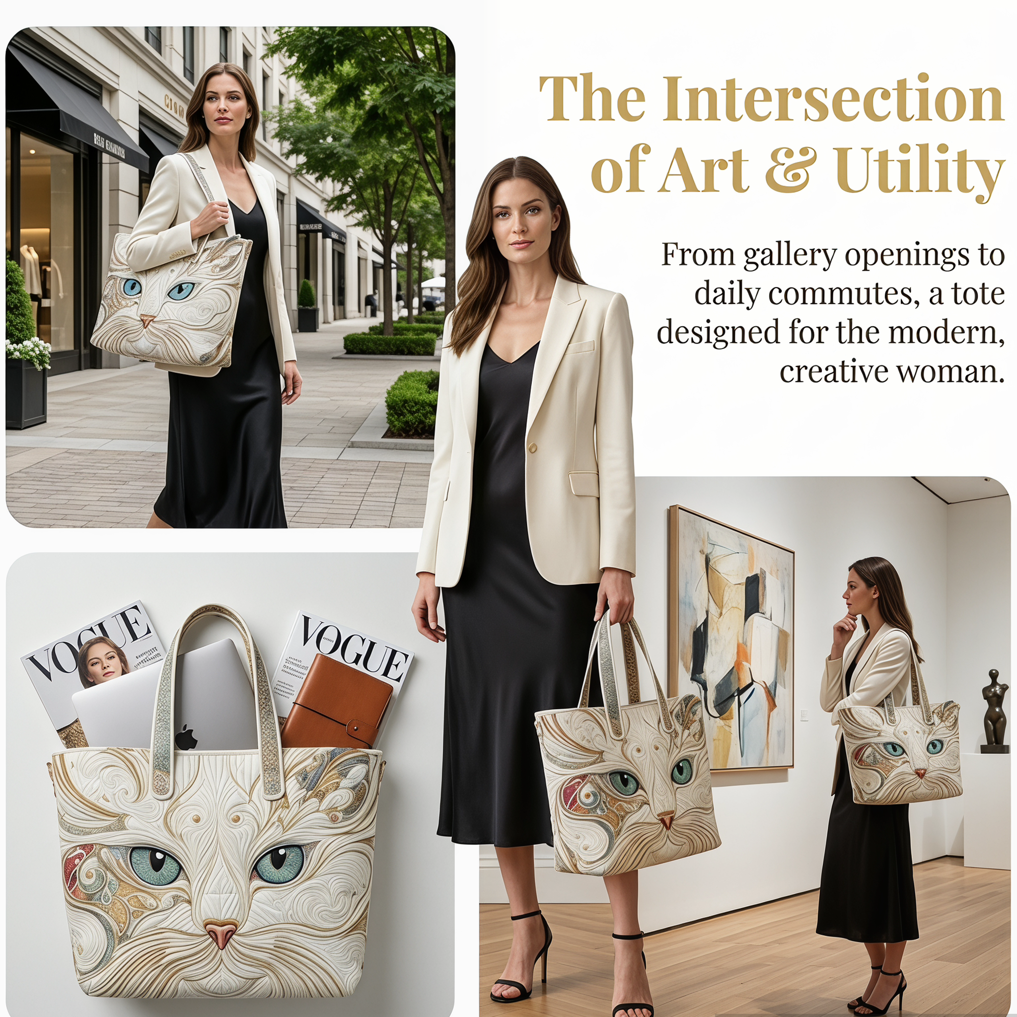 Luxury Cat Art Tote Bag, Large Capacity Commuter Shoulder Bag, Artistic Designer Handbag / 20.87" x 15.75"