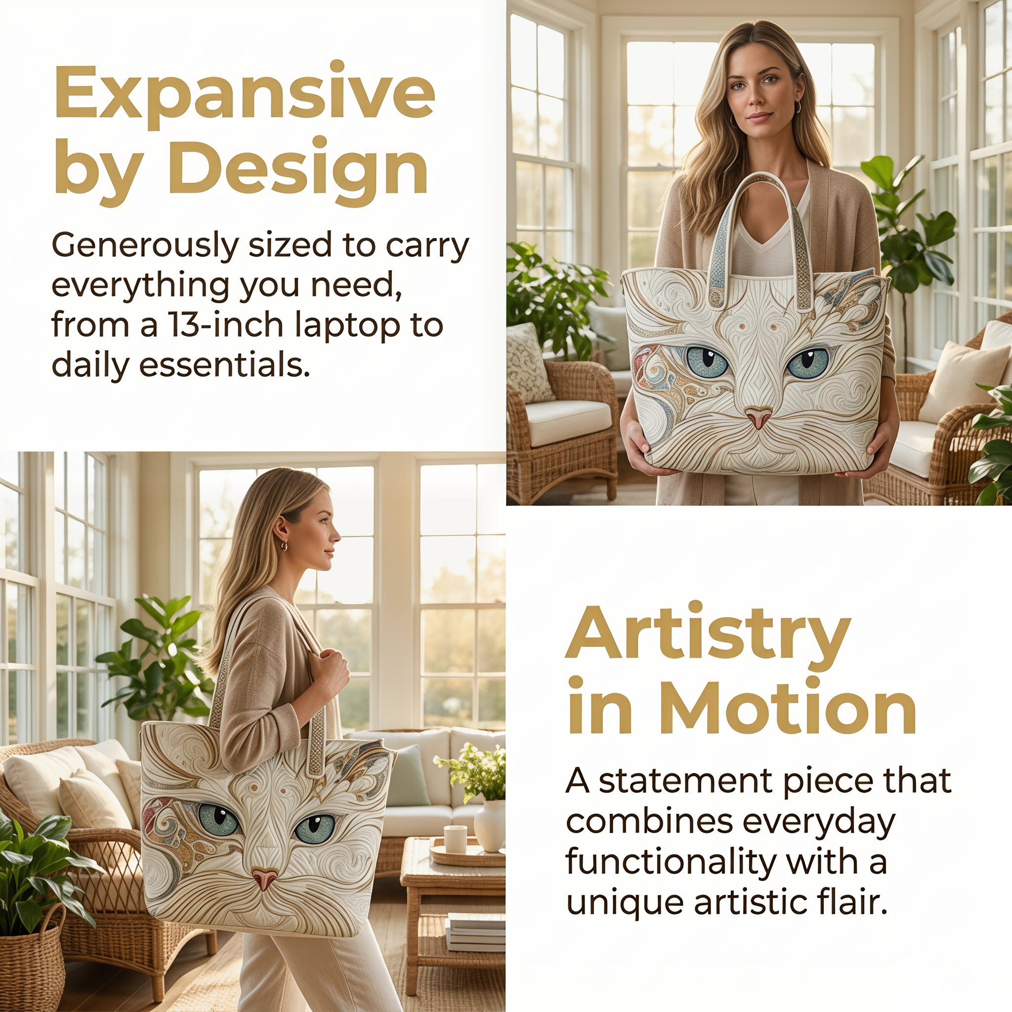 Luxury Cat Art Tote Bag, Large Capacity Commuter Shoulder Bag, Artistic Designer Handbag / 20.87" x 15.75"