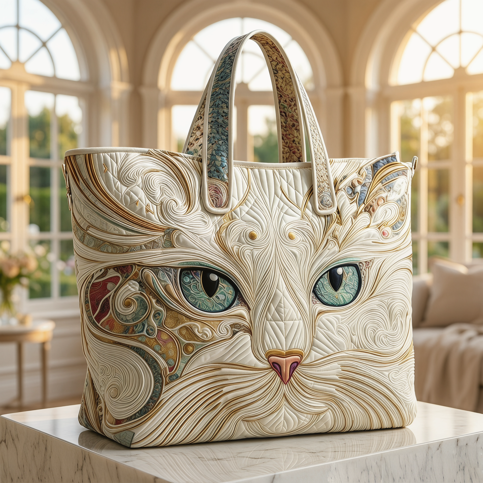 Luxury Cat Art Tote Bag, Large Capacity Commuter Shoulder Bag, Artistic Designer Handbag / 20.87" x 15.75"