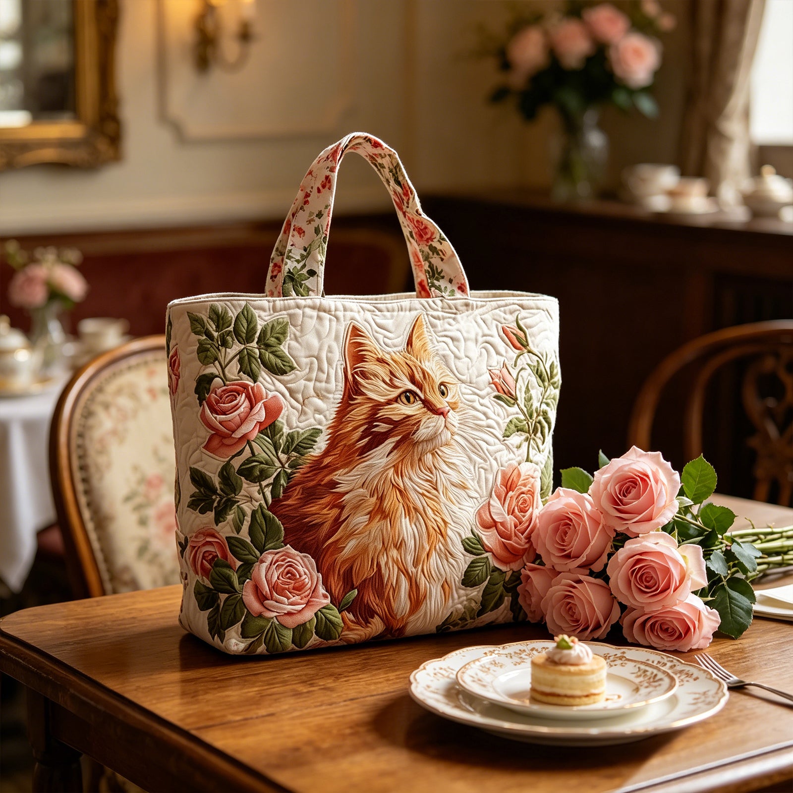 Vintage Rose & Orange Cat Quilted Tote Bag - Large Capacity Shoulder Bag / 20.87" x 15.75"