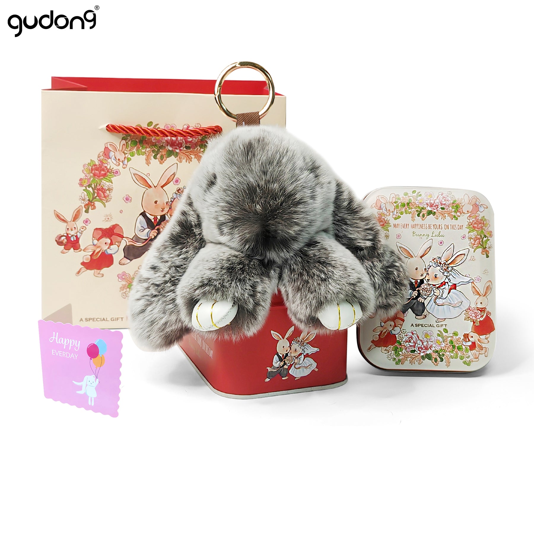 【gudong】Soft Bunny Keychain with Tin,Cute Easter Gift Plush Keychain for Backpack,Bag Charm Gift Key Chain