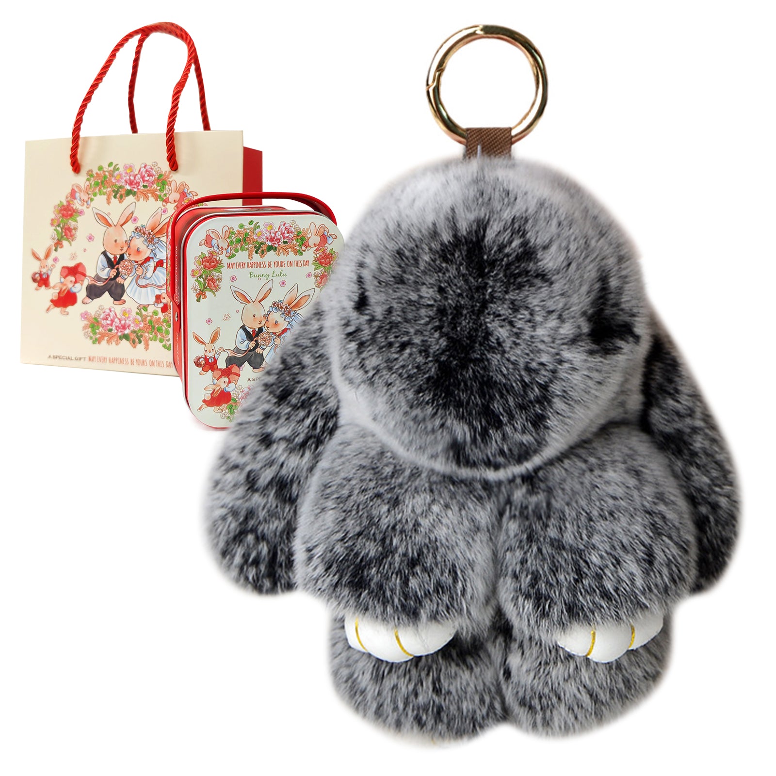 Soft Bunny Keychain with Tin,Cute Easter Gift Plush Keychain for Backpack,Bag Charm Gift Key Chain