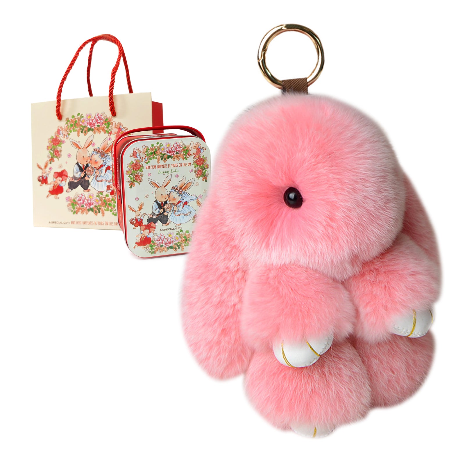 Soft Bunny Keychain with Tin,Cute Easter Gift Plush Keychain for Backpack,Bag Charm Gift Key Chain