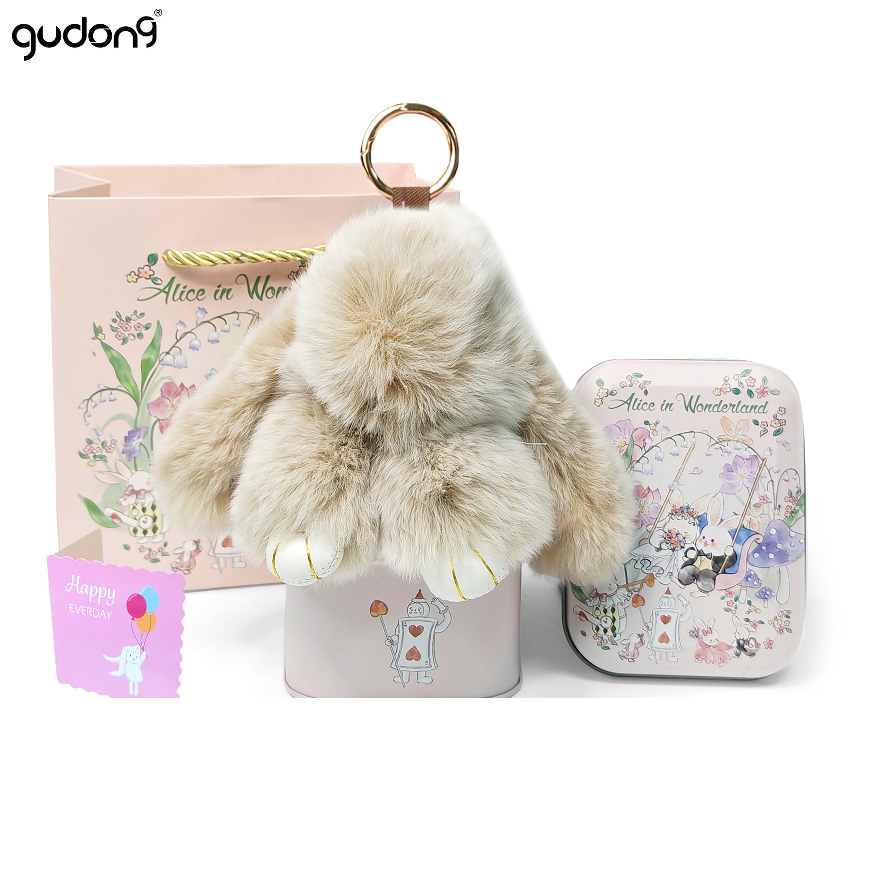 【gudong】Soft Bunny Keychain with Tin,Cute Easter Gift Plush Keychain for Backpack,Bag Charm Gift Key Chain