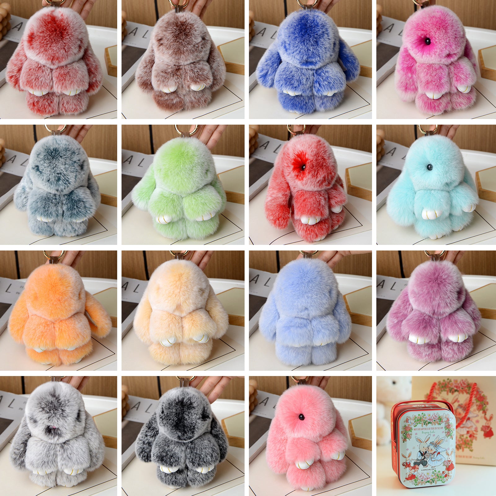 Soft Bunny Keychain with Tin,Cute Easter Gift Plush Keychain for Backpack,Bag Charm Gift Key Chain