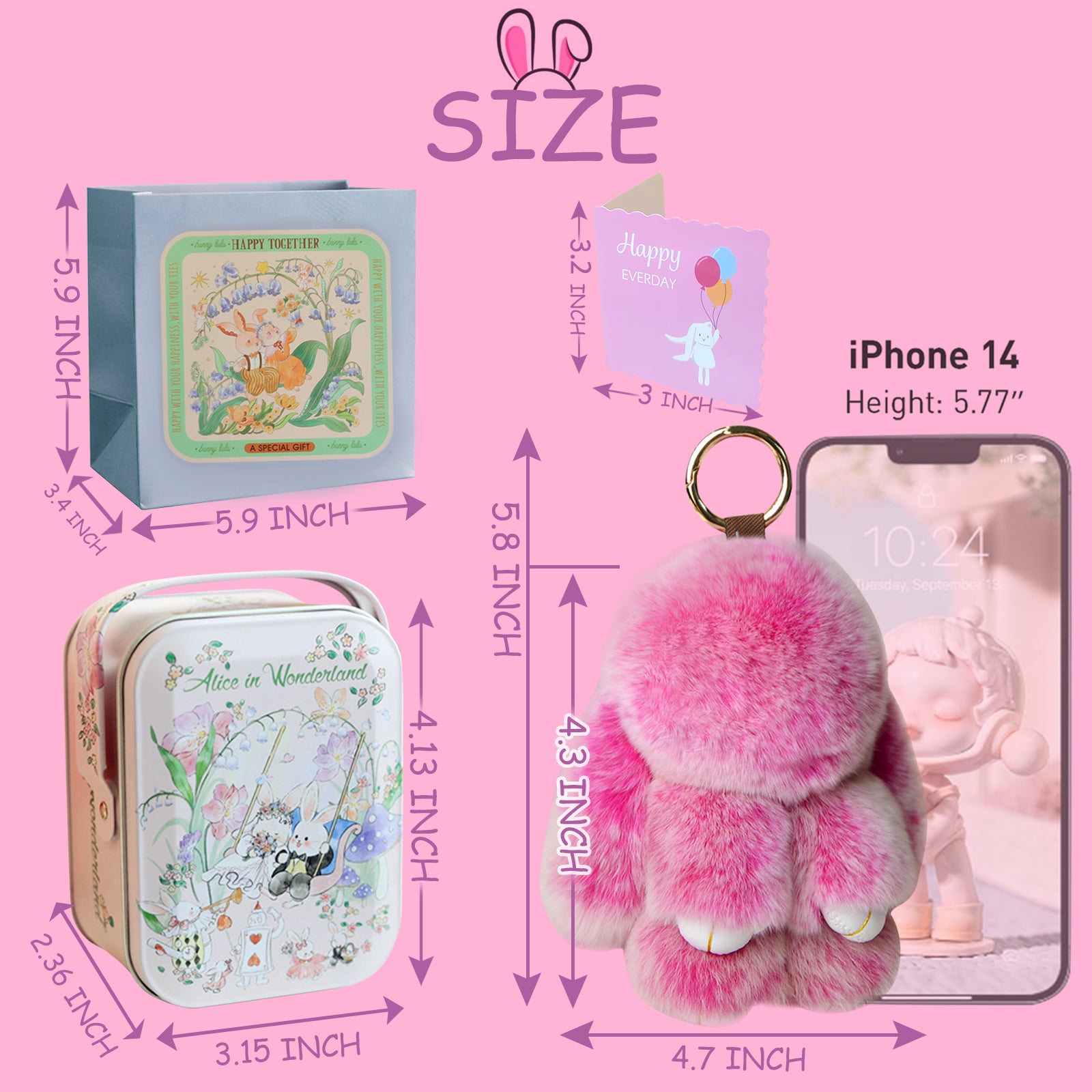 【gudong】Soft Bunny Keychain with Tin,Cute Easter Gift Plush Keychain for Backpack,Bag Charm Gift Key Chain