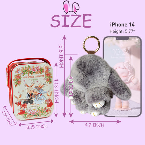 【gudong】Soft Bunny Keychain with Tin,Cute Easter Gift Plush Keychain for Backpack,Bag Charm Gift Key Chain