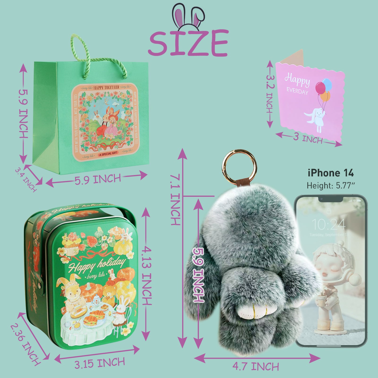 【gudong】Soft Bunny Keychain with Tin,Cute Easter Gift Plush Keychain for Backpack,Bag Charm Gift Key Chain