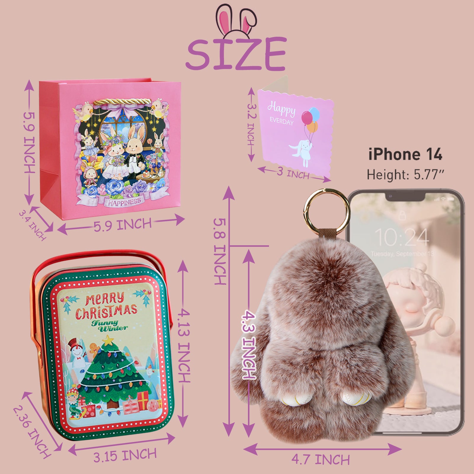 【gudong】Soft Bunny Keychain with Tin,Cute Easter Gift Plush Keychain for Backpack,Bag Charm Gift Key Chain