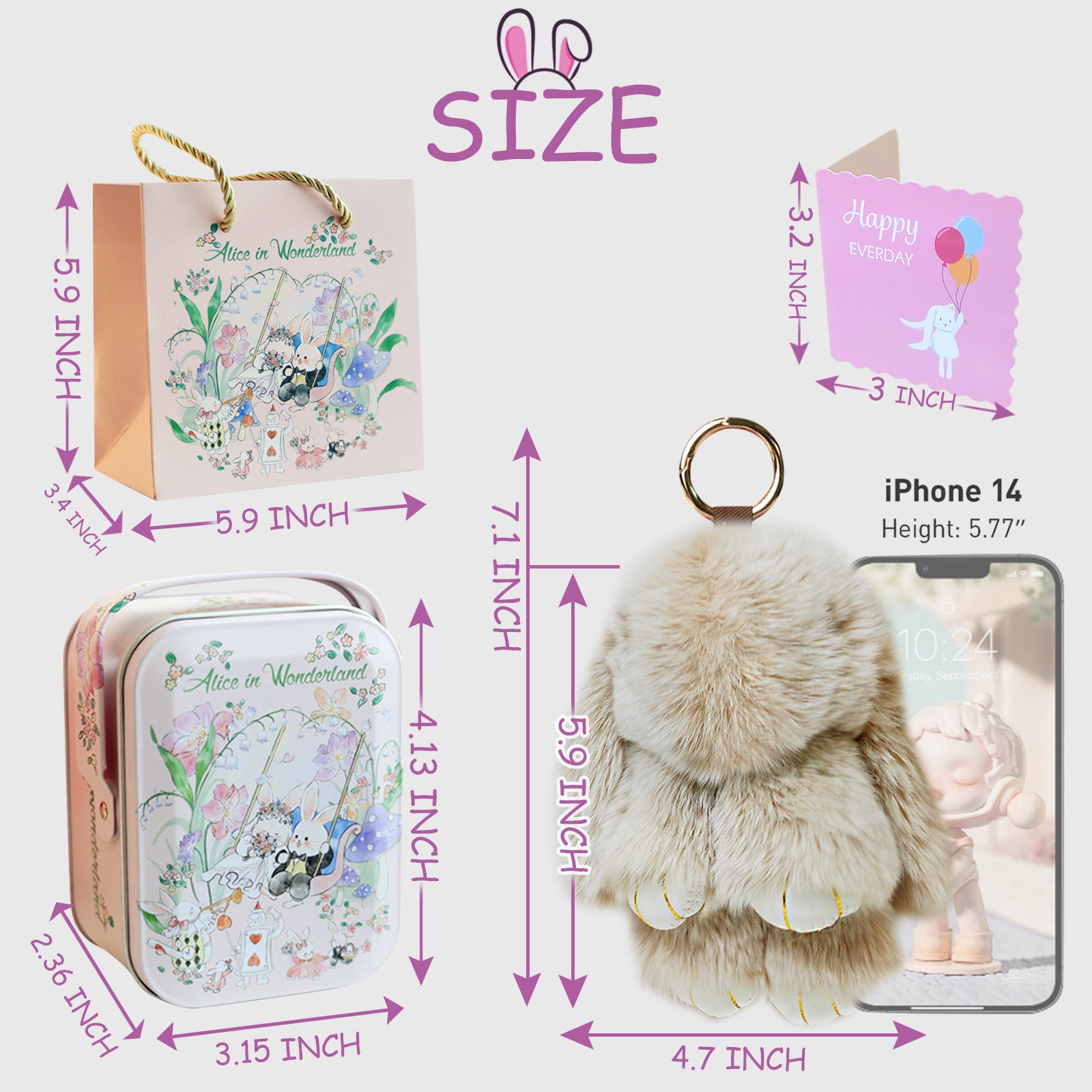 【gudong】Soft Bunny Keychain with Tin,Cute Easter Gift Plush Keychain for Backpack,Bag Charm Gift Key Chain