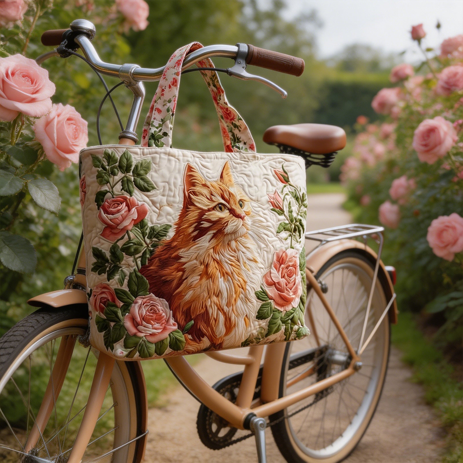 Vintage Rose & Orange Cat Quilted Tote Bag - Large Capacity Shoulder Bag / 20.87" x 15.75"