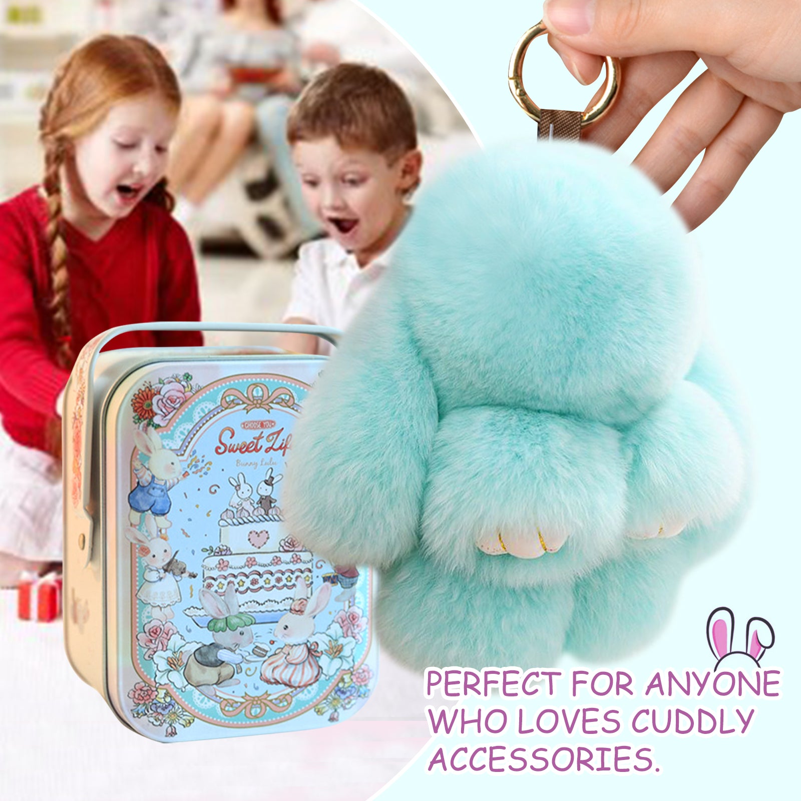 【gudong】Soft Bunny Keychain with Tin,Cute Easter Gift Plush Keychain for Backpack,Bag Charm Gift Key Chain