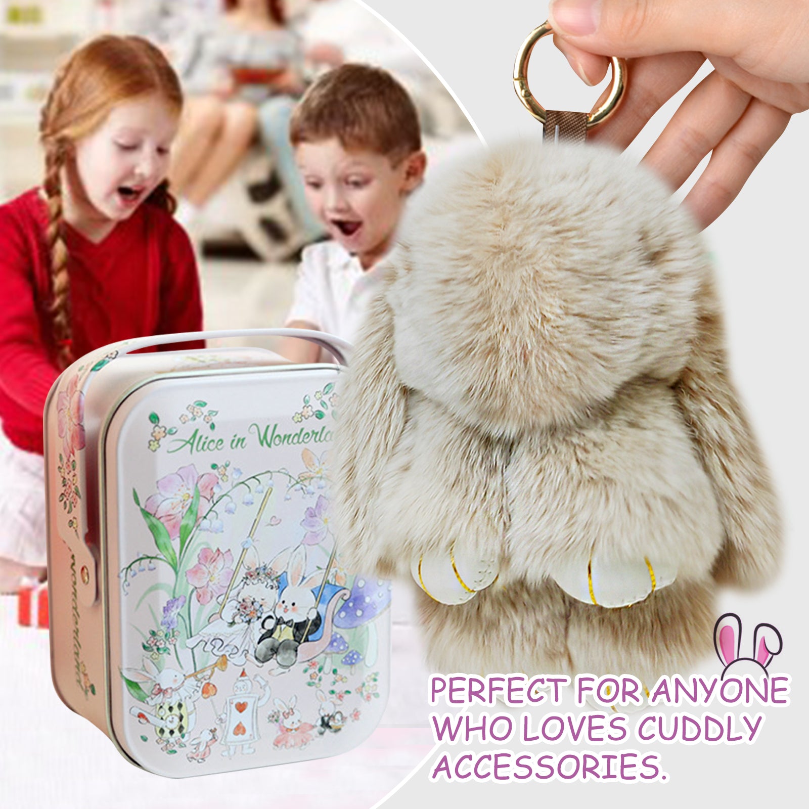 【gudong】Soft Bunny Keychain with Tin,Cute Easter Gift Plush Keychain for Backpack,Bag Charm Gift Key Chain