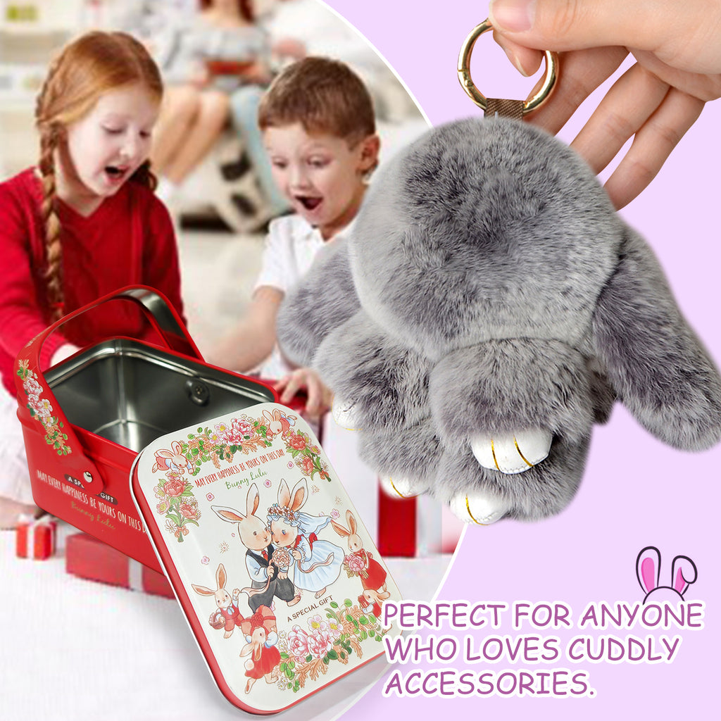【gudong】Soft Bunny Keychain with Tin,Cute Easter Gift Plush Keychain for Backpack,Bag Charm Gift Key Chain