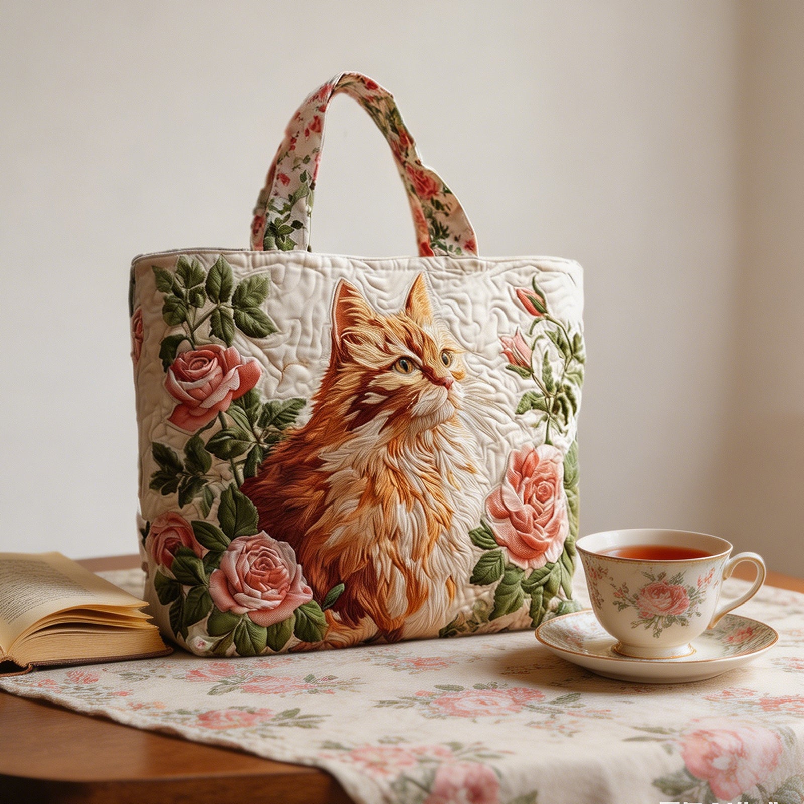 Vintage Rose & Orange Cat Quilted Tote Bag - Large Capacity Shoulder Bag / 20.87" x 15.75"