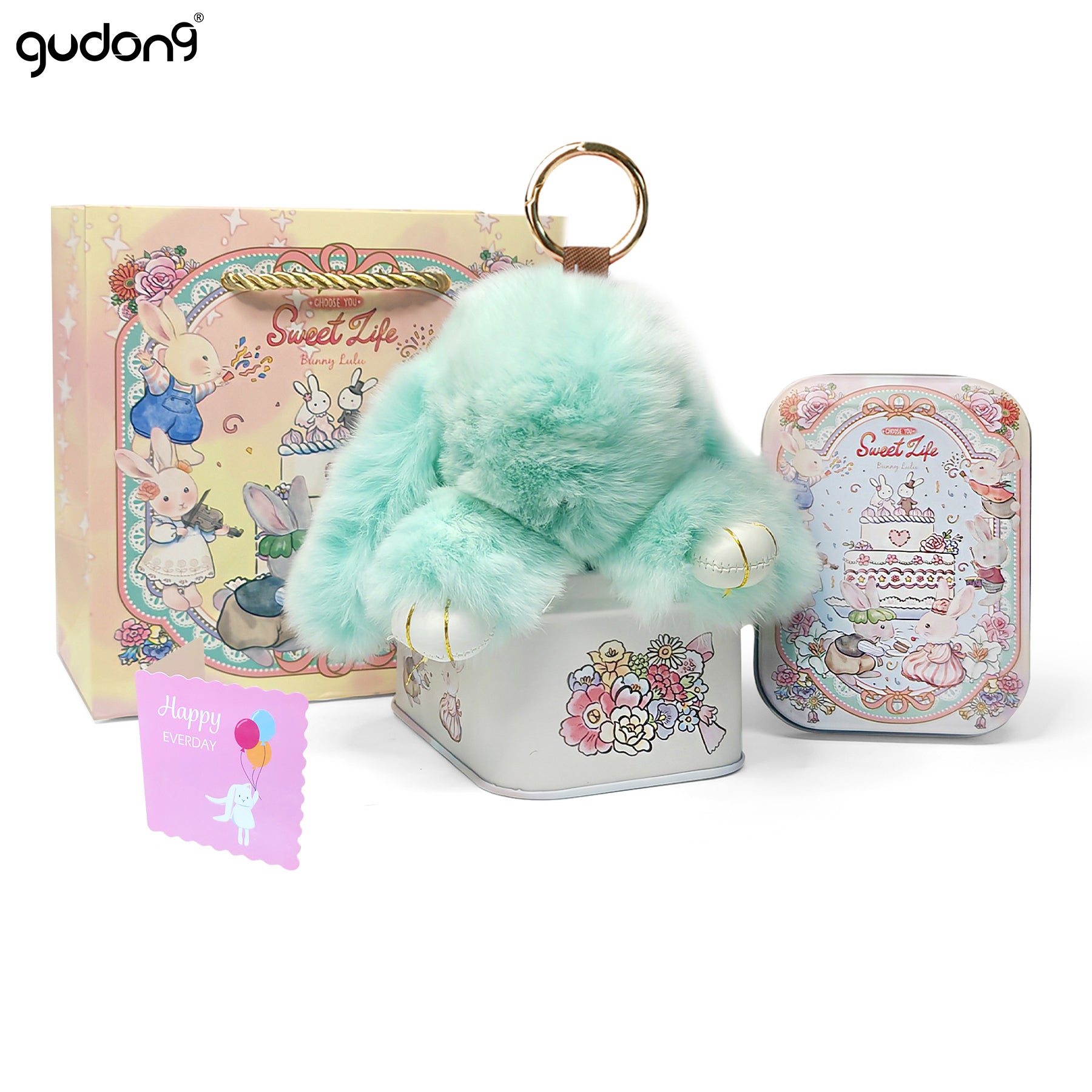 【gudong】Soft Bunny Keychain with Tin,Cute Easter Gift Plush Keychain for Backpack,Bag Charm Gift Key Chain