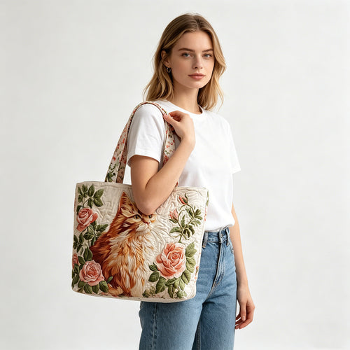 Vintage Rose & Orange Cat Quilted Tote Bag - Large Capacity Shoulder Bag / 20.87" x 15.75"